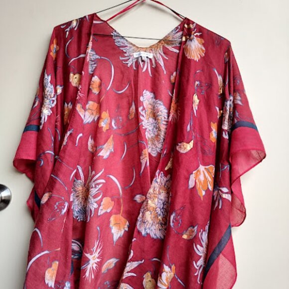 WOVEN HEART Floral Semi Sheer Open Front Long Kimono Beach Swim Coverup Boho OS - Picture 3 of 11